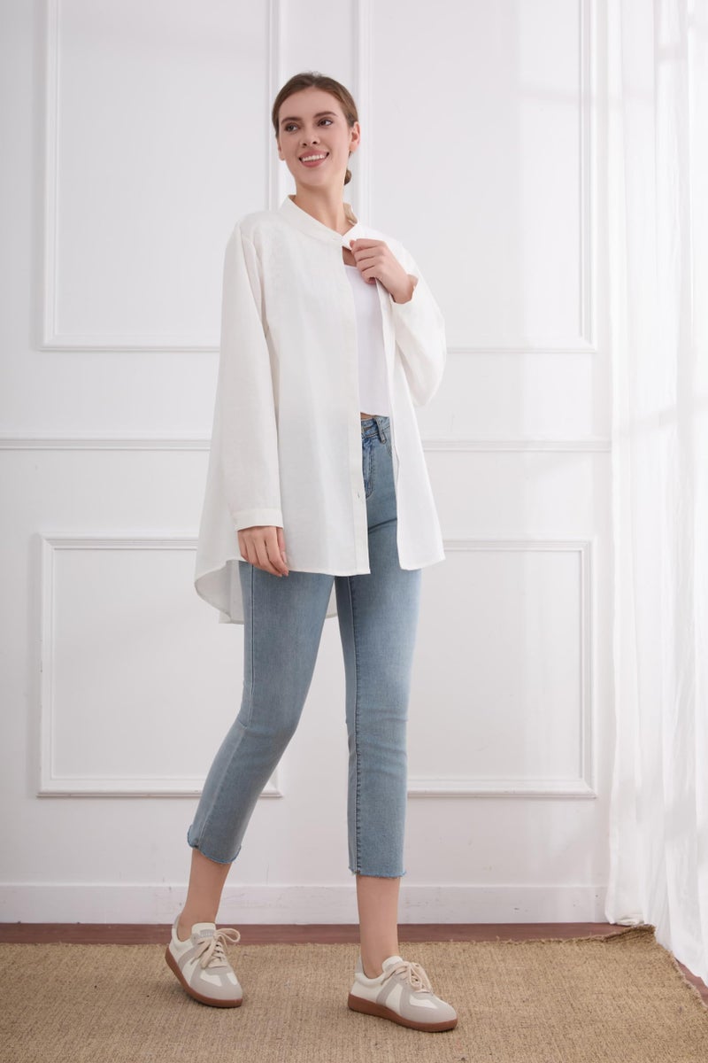 Minibee Women's Cotton Linen Shirt High Low Button Down Embroidered Blouse Long Sleeve Tunic Tops - Image 5